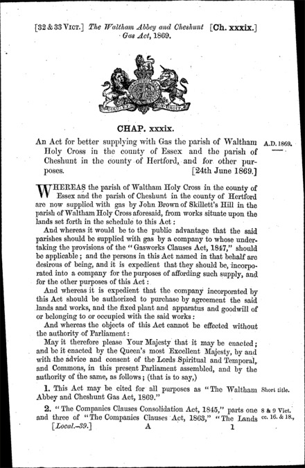 Waltham Abbey and Cheshunt Gas Act 1869