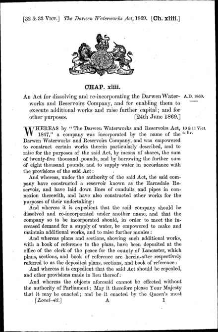 Darwen Waterworks Act 1869