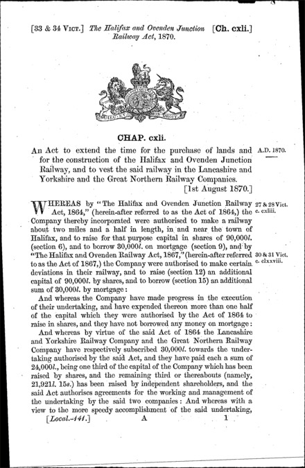 Halifax and Ovenden Junction Railway Act 1870