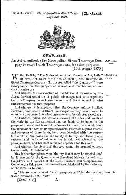 Metropolitan Street Tramways Act 1870