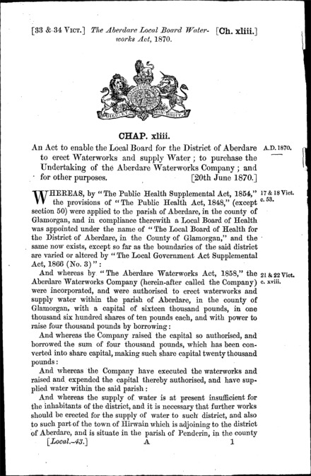 Aberdare Local Board Waterworks Act 1870