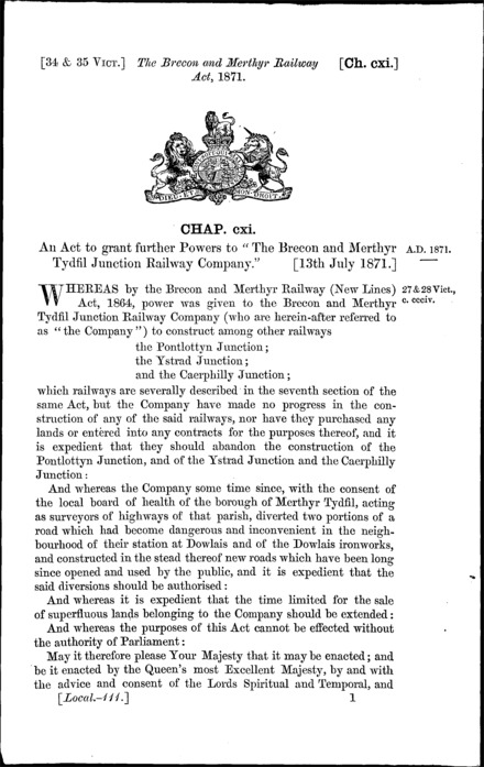 Brecon and Merthyr Railway Act 1871
