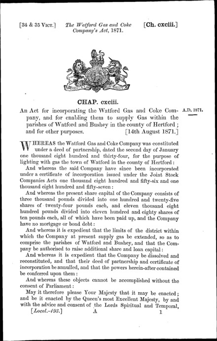 Watford Gas and Coke Company's Act 1871