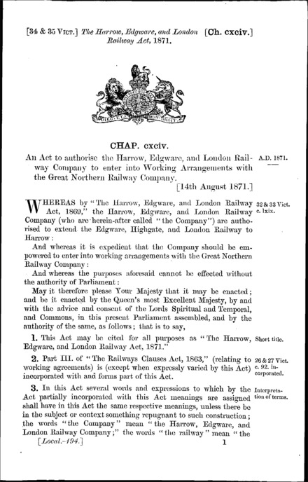 Harrow, Edgware and London Railway Act 1871