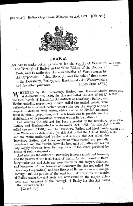 Batley Corporation Waterworks Act 1871