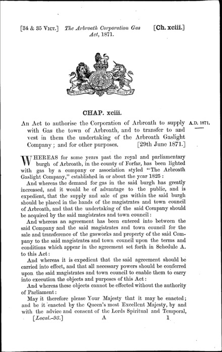 Arbroath Corporation Gas Act 1871