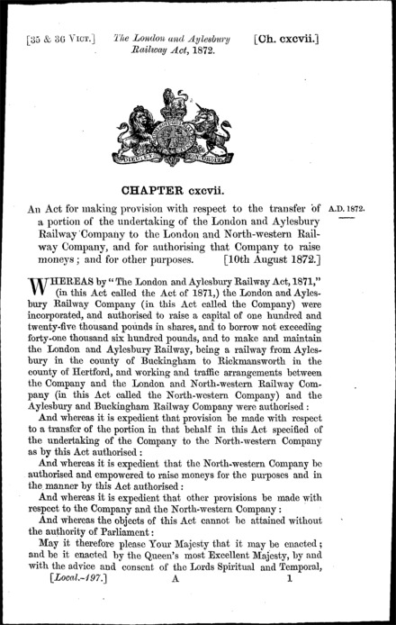 London and Aylesbury Railway Act 1872