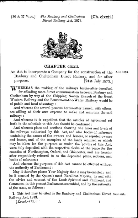 Banbury and Cheltenham Direct Railway Act 1873