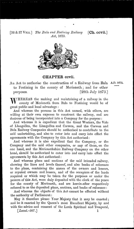 Bala and Festiniog Railway Act 1873