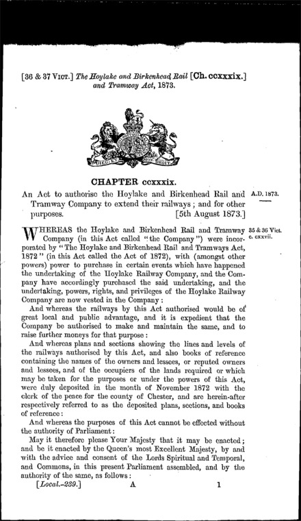 Hoylake and Birkenhead Rail and Tramway Act 1873