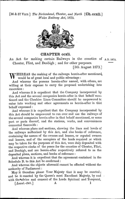 Birkenhead, Chester and North Wales Railway Act 1873