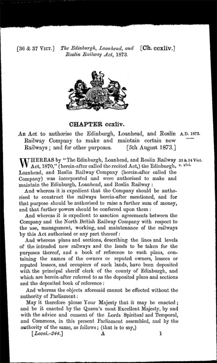 Edinburgh, Loanhead and Roslin Railway Act 1873