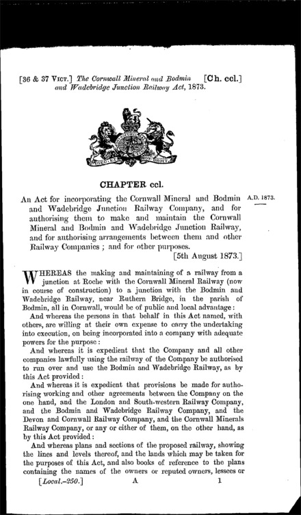 Cornwall Mineral and Bodmin and Wadebridge Junction Railway Act 1873