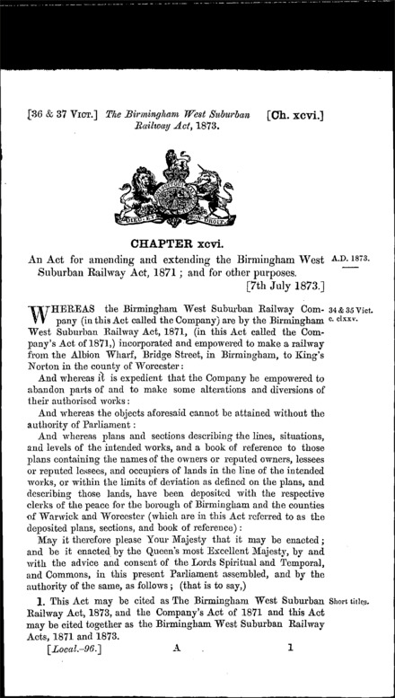 Birmingham West Suburban Railway Act 1873