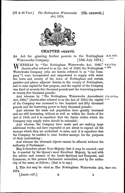 Nottingham Waterworks Act 1874