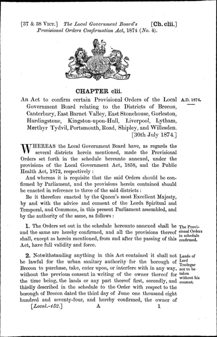 Local Government Board's Provisional Orders Confirmation (No. 4) Act 1874