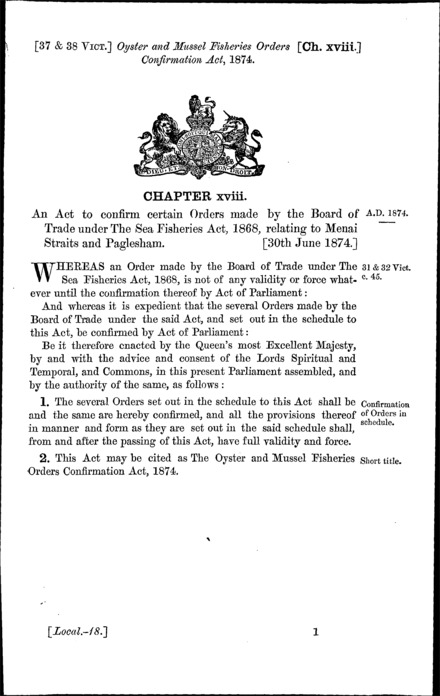 Oyster and Mussel Fisheries Orders Confirmation Act 1874