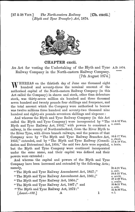 North Eastern Railway (Blyth and Tyne Transfer) Act 1874