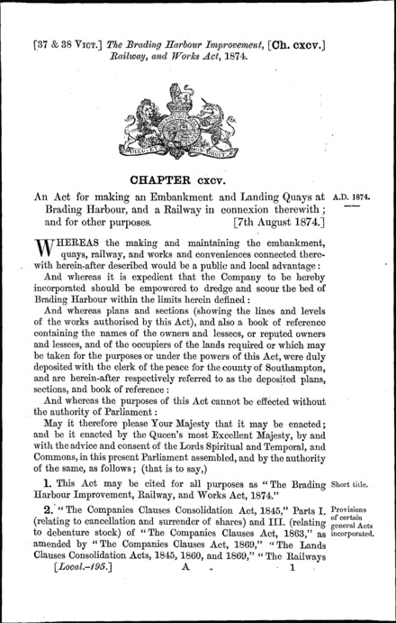 Brading Harbour Improvement, Railway and Works Act 1874