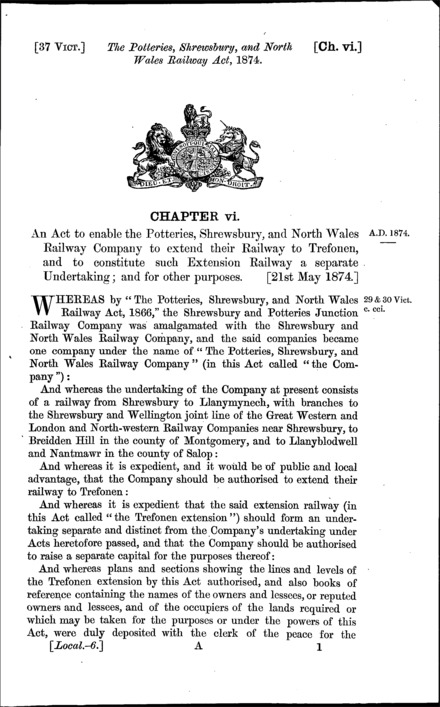 Potteries, Shrewsbury and North Wales Railway Act 1874