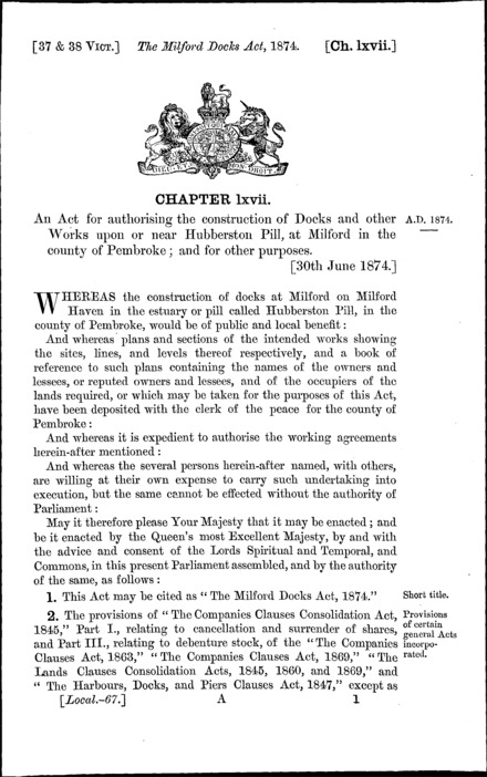 Milford Docks Act 1874