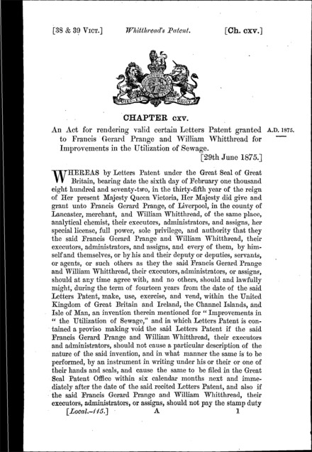 Whitthread's Patent Act 1875