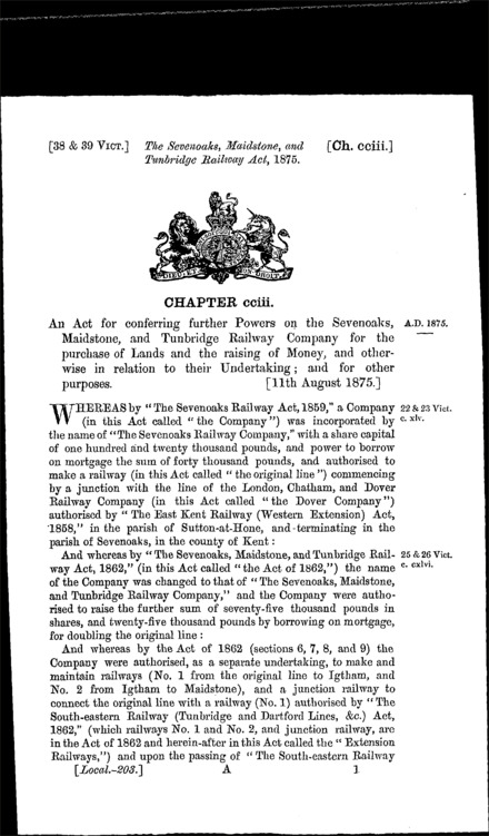 Sevenoaks, Maidstone and Tonbridge Railway Act 1875