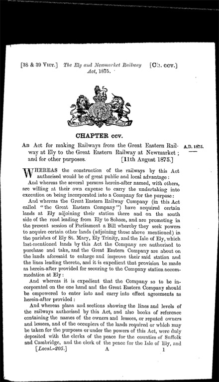 Ely and Newmarket Railway Act 1875