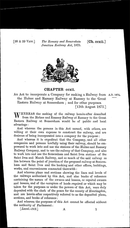 Ramsey and Somersham Junction Railway Act 1875
