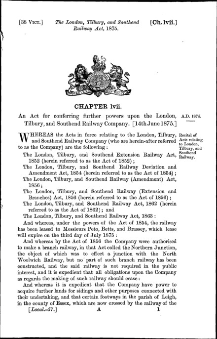 London, Tilbury and Southend Railway Act 1875