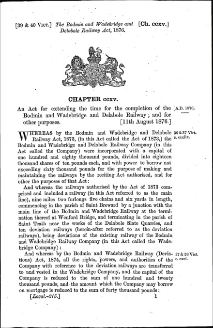 Bodmin and Wadebridge and Delabole Railway Act 1876