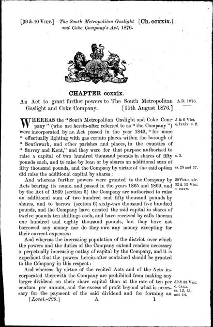 South Metropolitan Gaslight and Coke Company's Act 1876