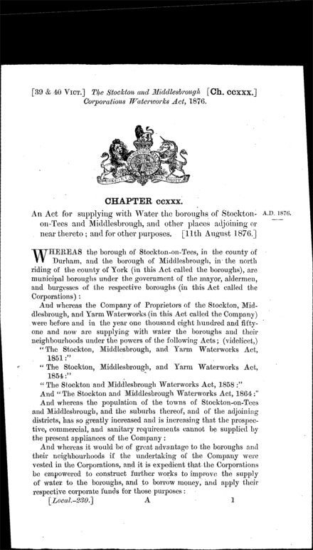Stockton and Middlesbrough Corporation Waterworks Act 1876