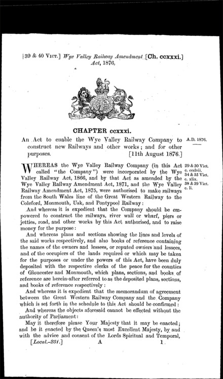 Wye Valley Railway Amendment Act 1876