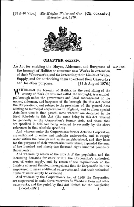 Halifax Water and Gas Extension Act 1876