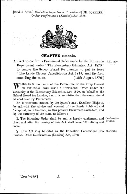 Education Department Provisional Order Confirmation (London) Act 1876