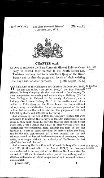 East Cornwall Mineral Railway Act 1876