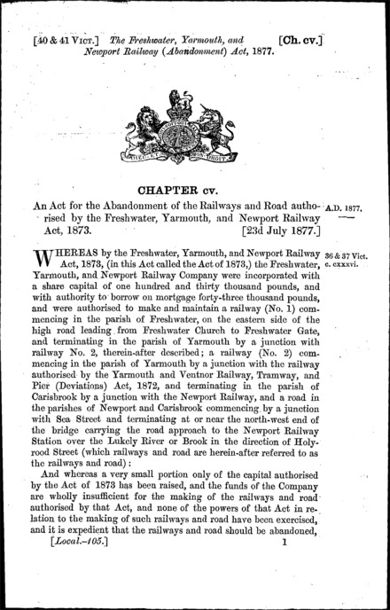 Freshwater, Yarmouth and Newport Railway (Abandonment) Act 1877