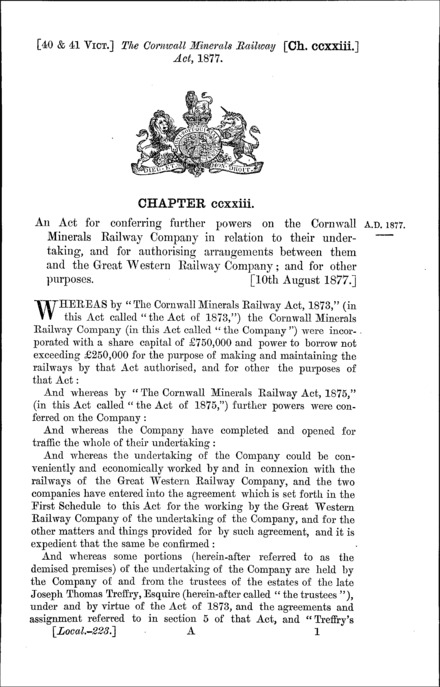 Cornwall Minerals Railway Act 1877