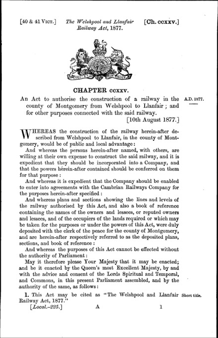 Welshpool and Llanfair Railway Act 1877