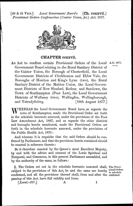 Local Government Board's Provisional Orders Confirmation (Caistor Union, &c.) Act 1877