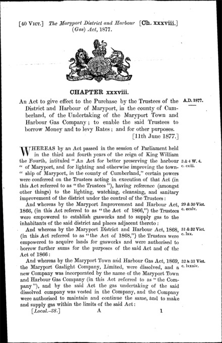 Maryport District and Harbour (Gas) Act 1877