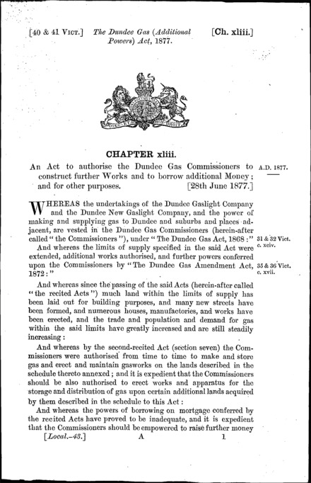 Dundee Gas (Additional Powers) Act 1877