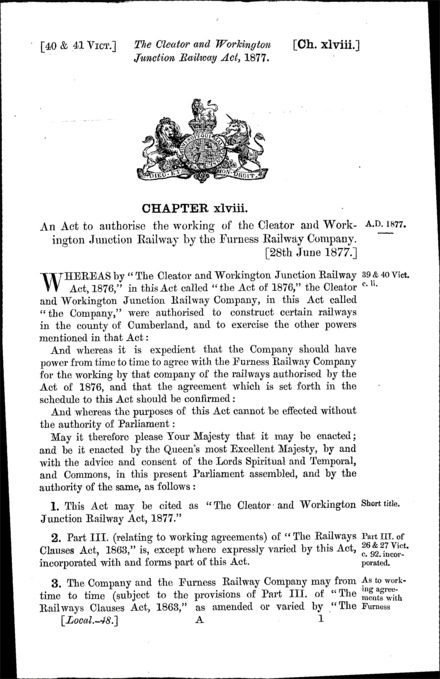 Cleator and Workington Junction Railway Act 1877