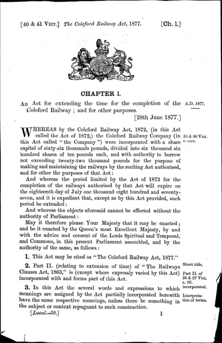 Coleford Railway Act 1877