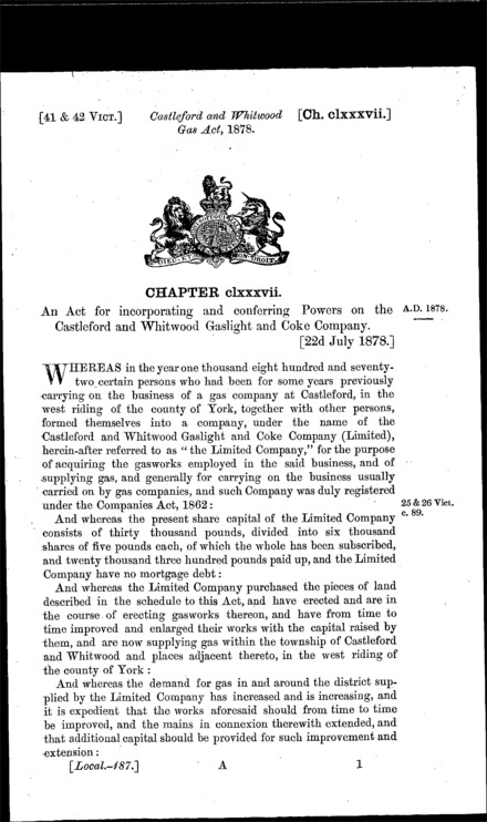 Castleford and Whitwood Gas Act 1878