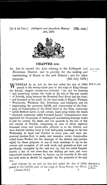 Littleport and Downham District Act 1878
