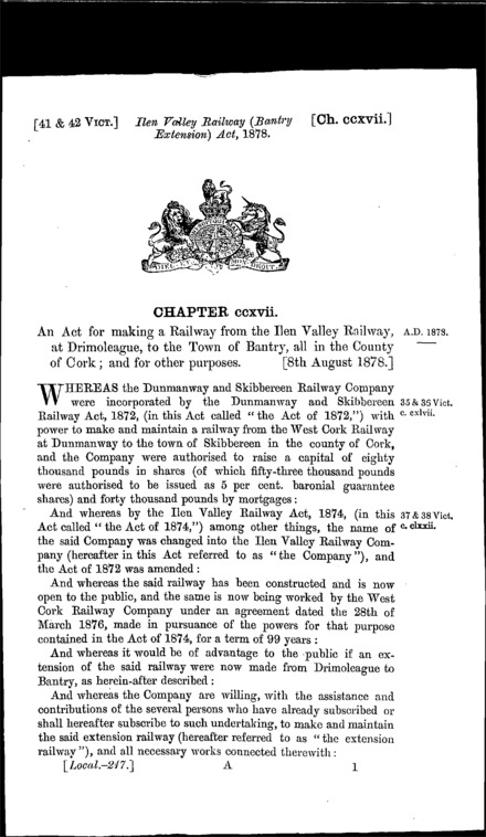 Ilen Valley Railway (Bantry Extension) Act 1878