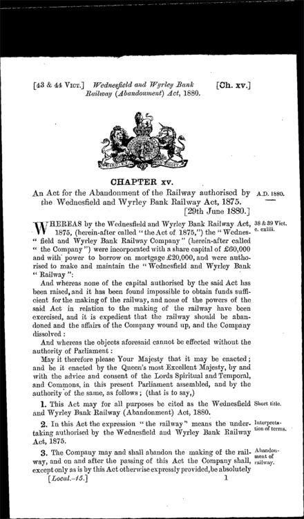Wednesfield and Wyrley Bank Railway (Abandonment) Act 1880