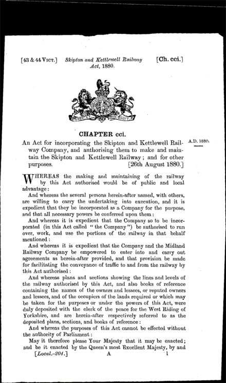 Skipton and Kettlewell Railway Act 1880